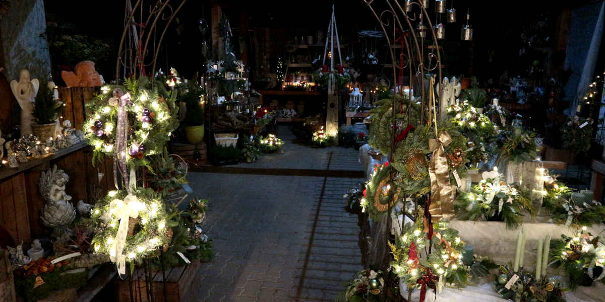 Blick in den Verkaufsbereich mit beleuchteter Adventsdekoration.