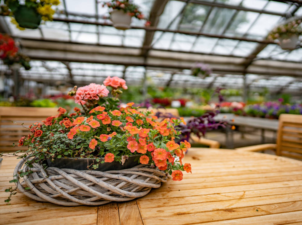 Ein rustikaler Holztisch mit oranger Blumendekoration.