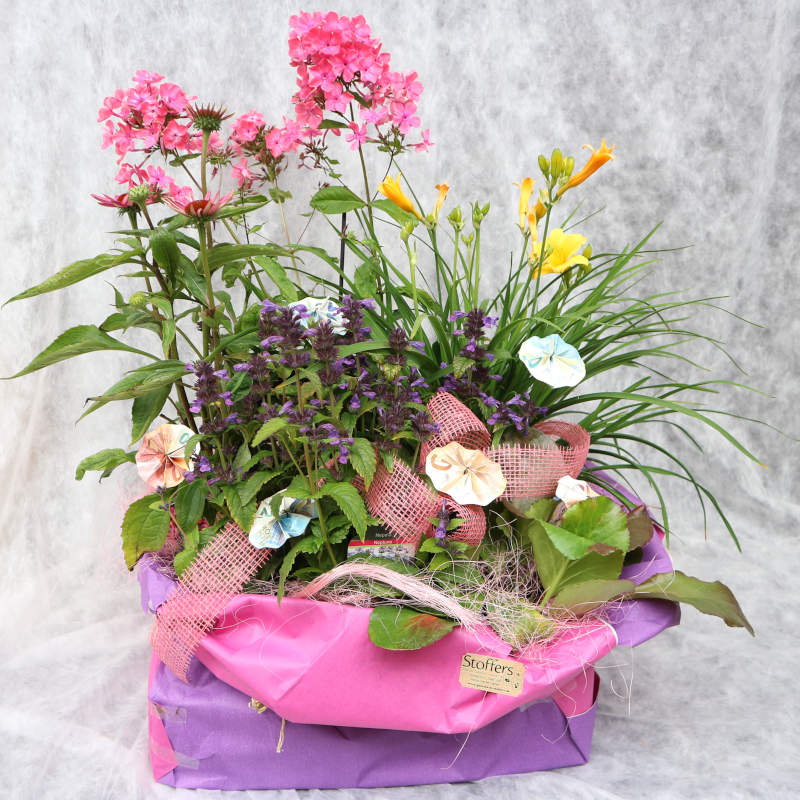 Ein schöner Geschenkkorb in lila und rosa mit dazu passenden Blumen. Geldscheine wurde dekorativ als kleine Schirmchen eingearbeitet.