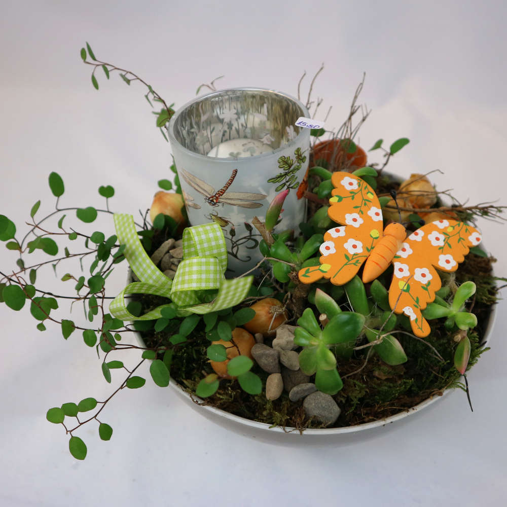 Eine mit Sukkulenten und Mühlenbeckia bepflanzte Schale. Bestückt mit einem Kerzenglas und einer Schmetterling-Figur.
